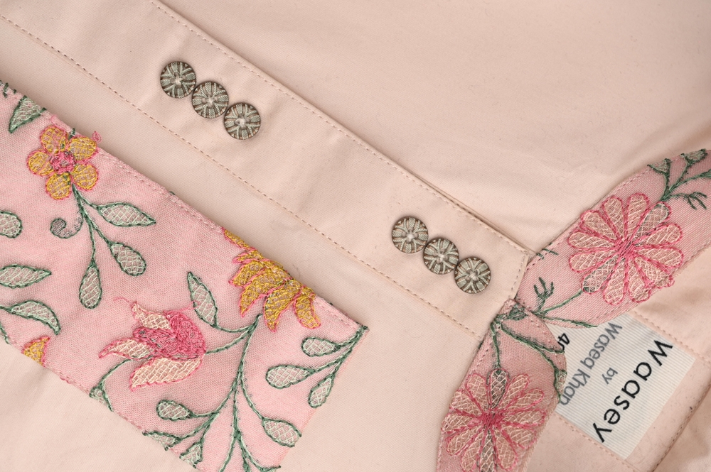 Peach Panjabi with Floral Embroidery and Buttons